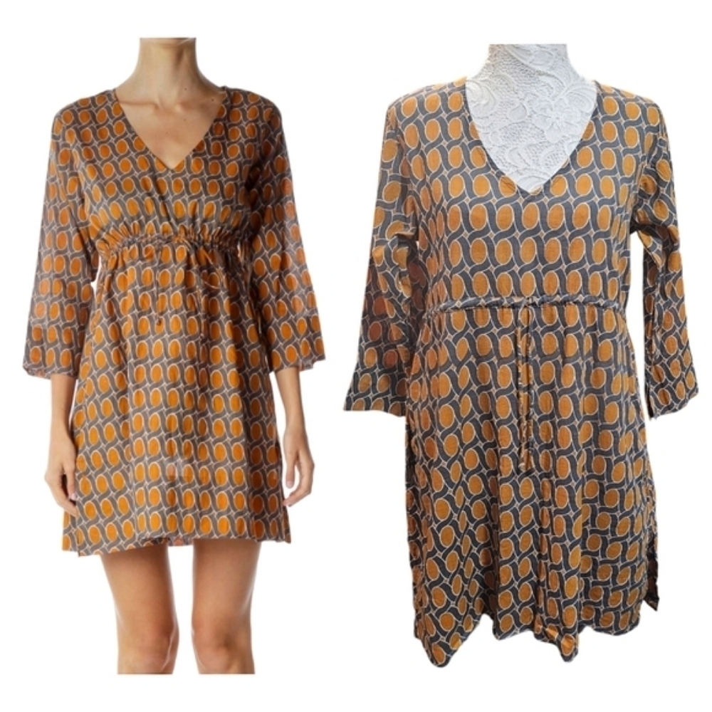 Gretchen Scott Retro Print V-Neck Drawstring Waist Dress XS 3/4 Sleeve Light